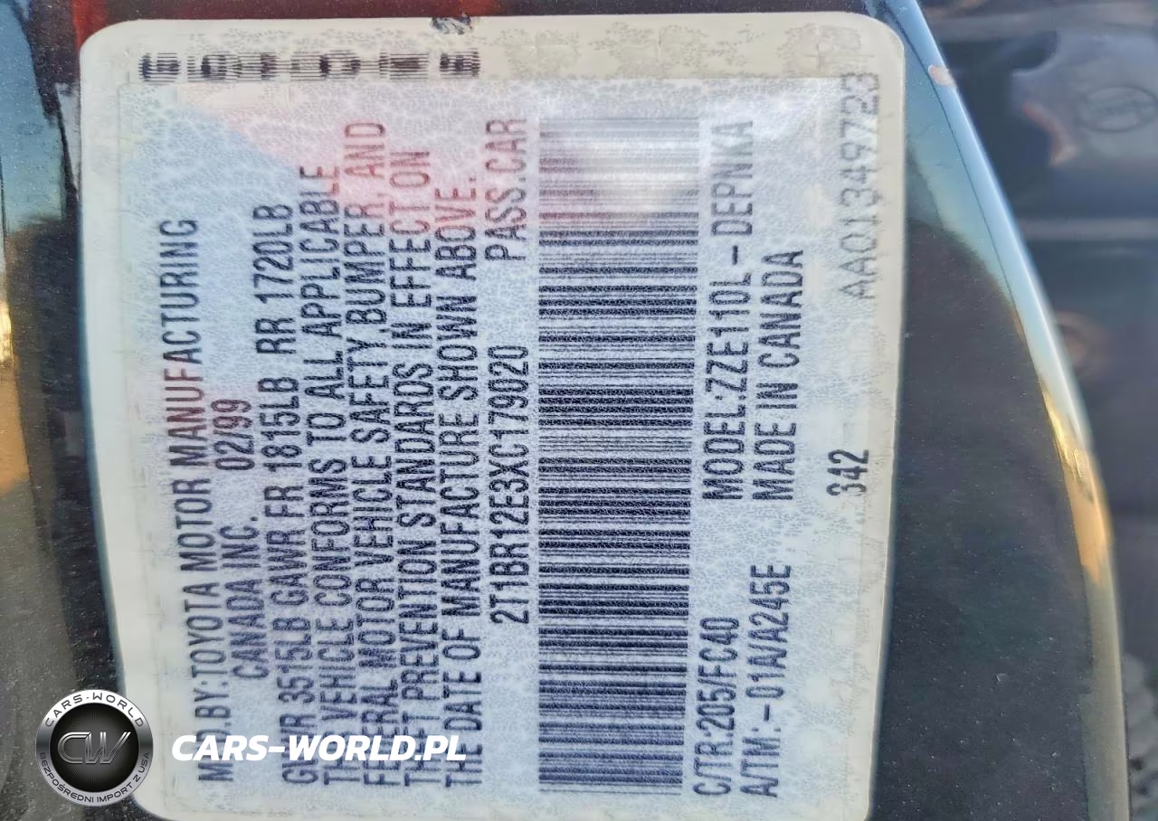1999 Toyota Corolla Ve VIN:2T1BR12E3XC179020 - 12