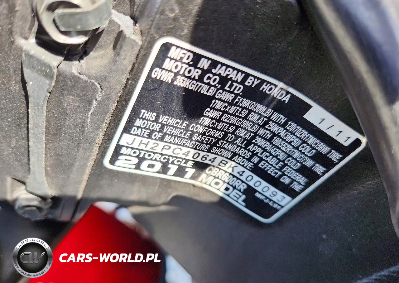 2011 Honda Cbr600 Rr VIN:JH2PC4064BK400093 - 9