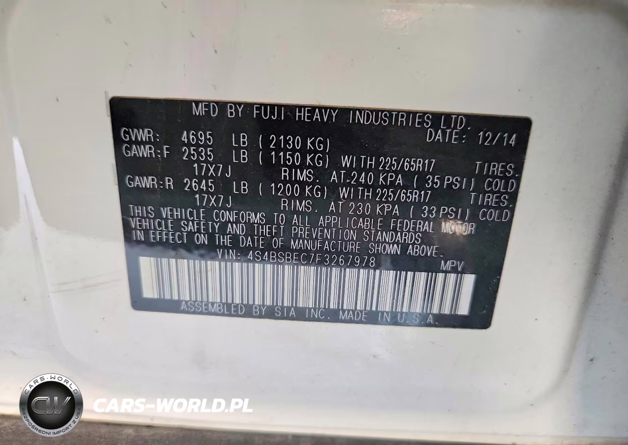 2015 Subaru Outback 2.5I Premium VIN:4S4BSBEC7F3267978 - 13