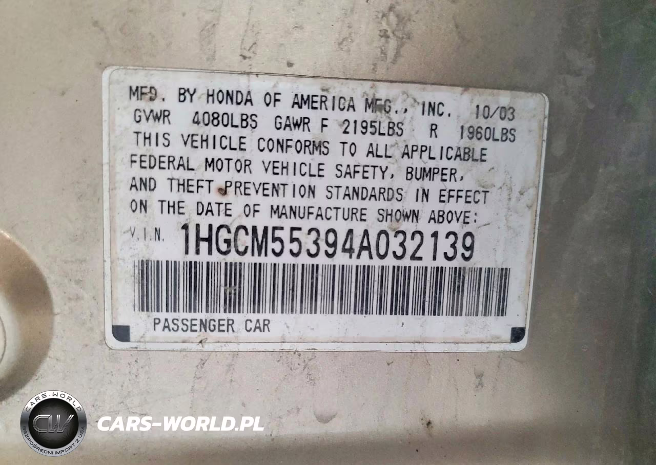 2004 Honda Accord Lx VIN:1HGCM55394A032139 - 13