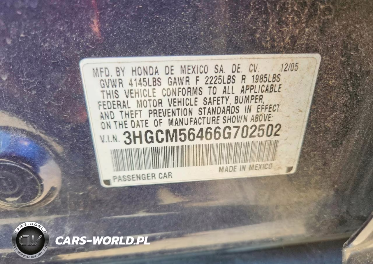 2006 Honda Accord Lx VIN:3HGCM56466G702502 - 12