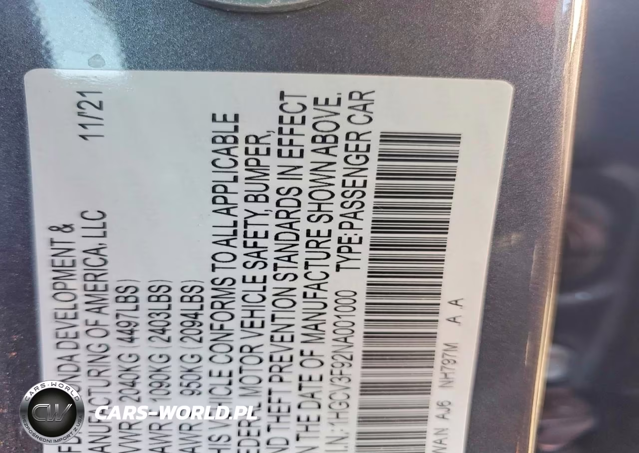 2022 Honda Accord Touring Hybrid VIN:1HGCV3F92NA001000 - 12