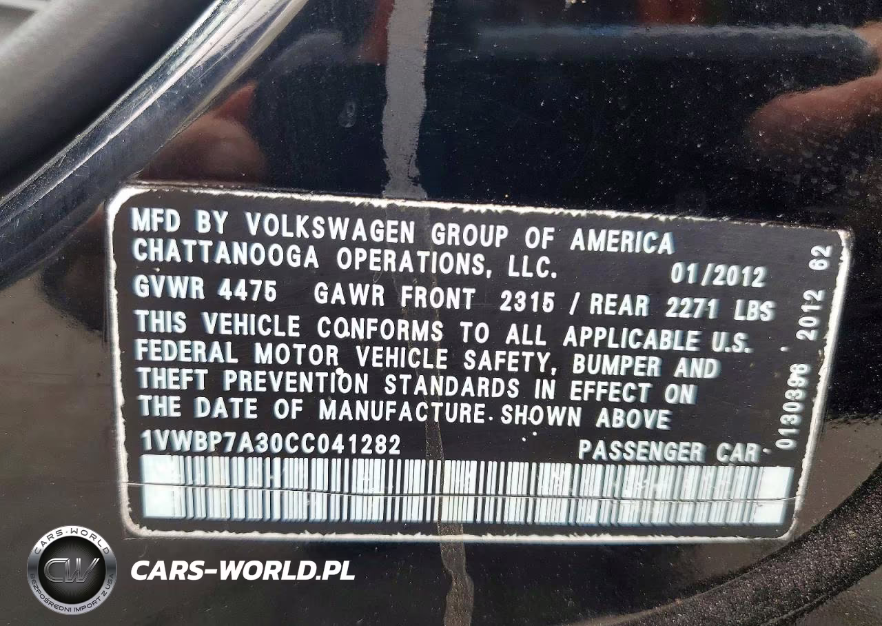 2012 Volkswagen Passat Se VIN:1VWBP7A30CC041282 - 12