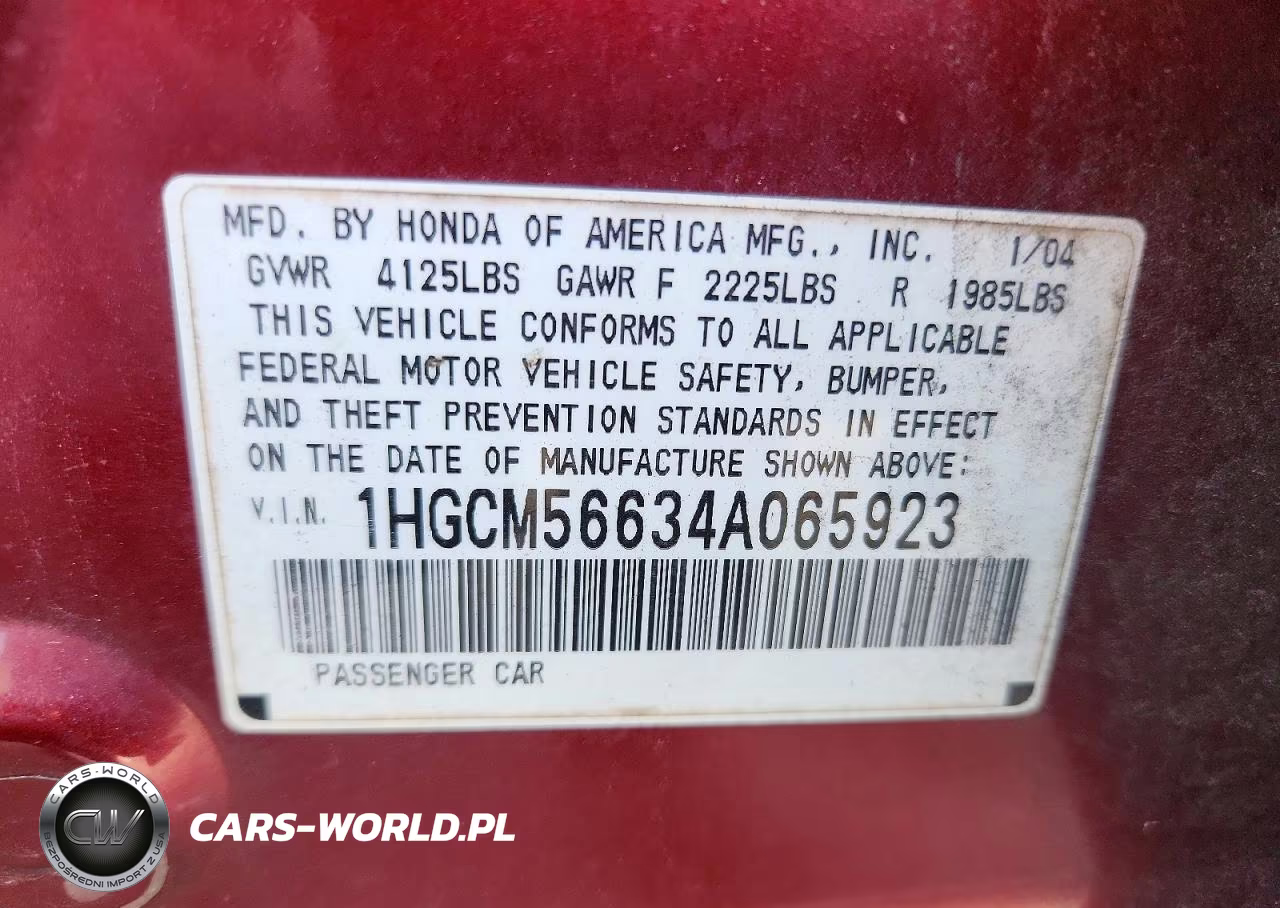 2004 Honda Accord Ex VIN:1HGCM56634A065923 - 12