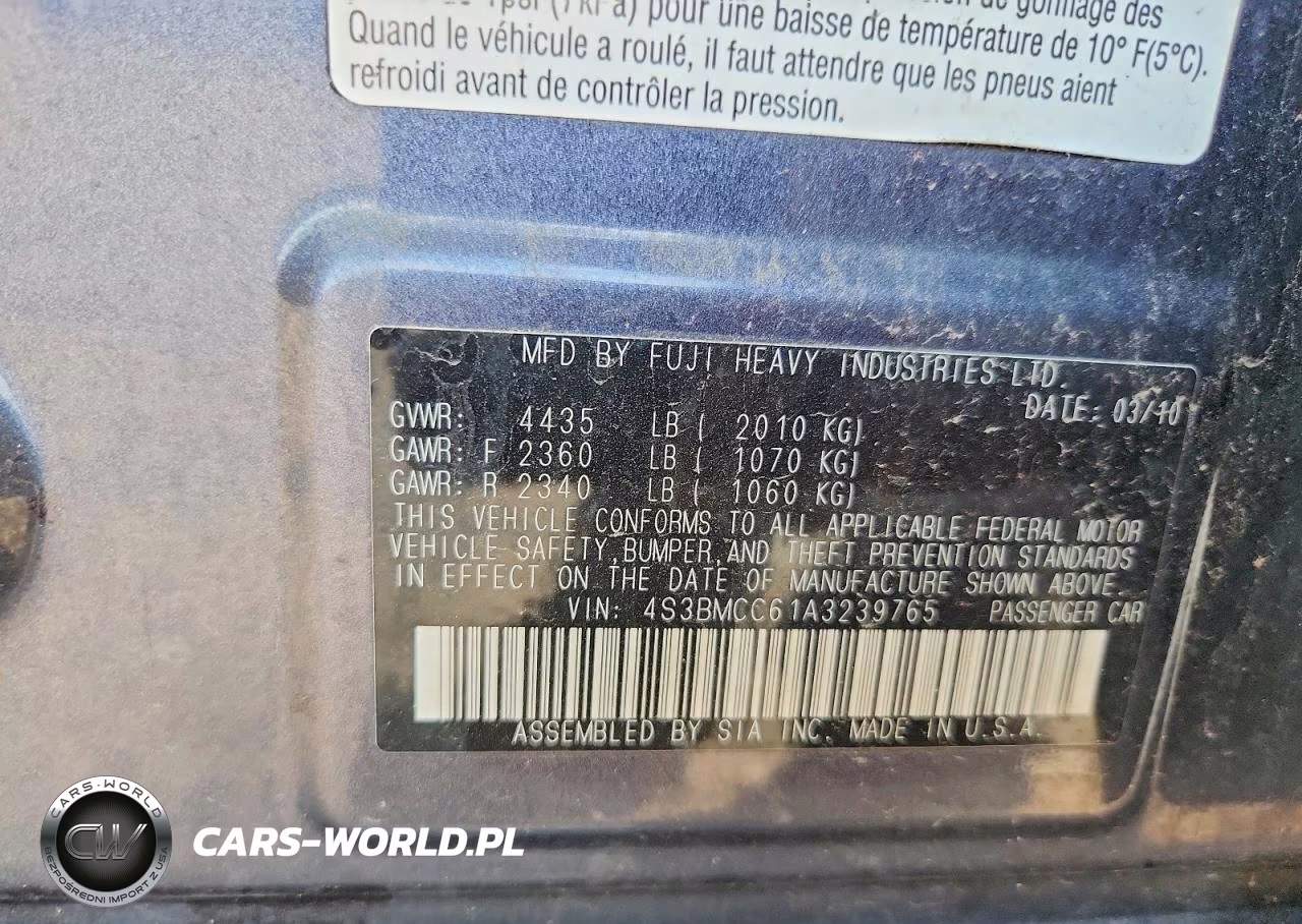 2010 Subaru Legacy 2.5I Premium VIN:4S3BMCC61A3239765 - 12
