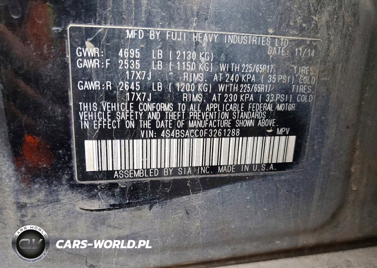 2015 Subaru Outback 2.5I Premium VIN:4S4BSACC0F3261288 - 12