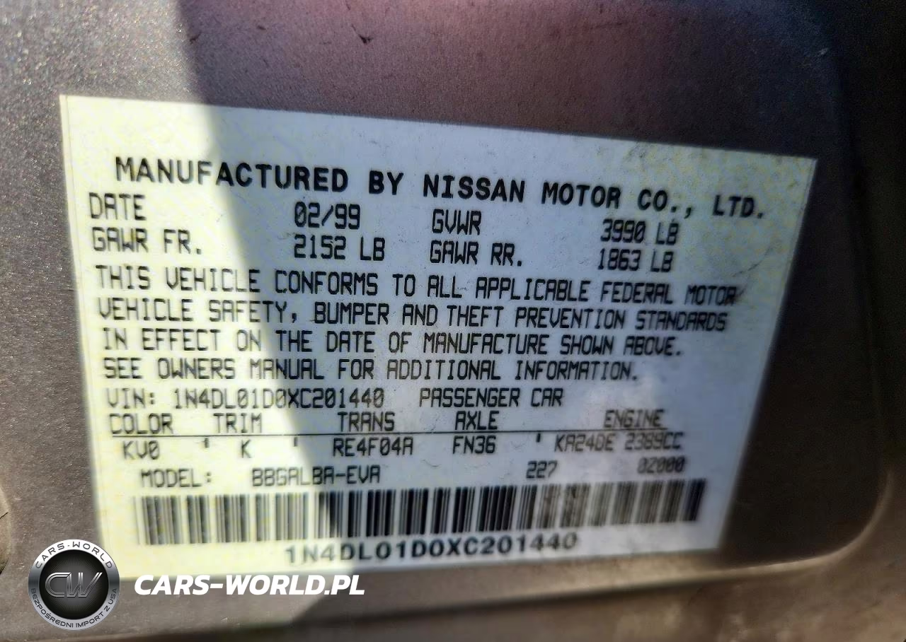 1999 Nissan Altima Xe VIN:1N4DL01D0XC201440 - 12