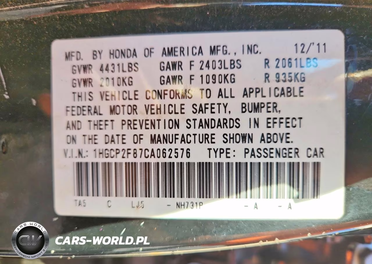 2012 Honda Accord Exl VIN:1HGCP2F87CA062576 - 12