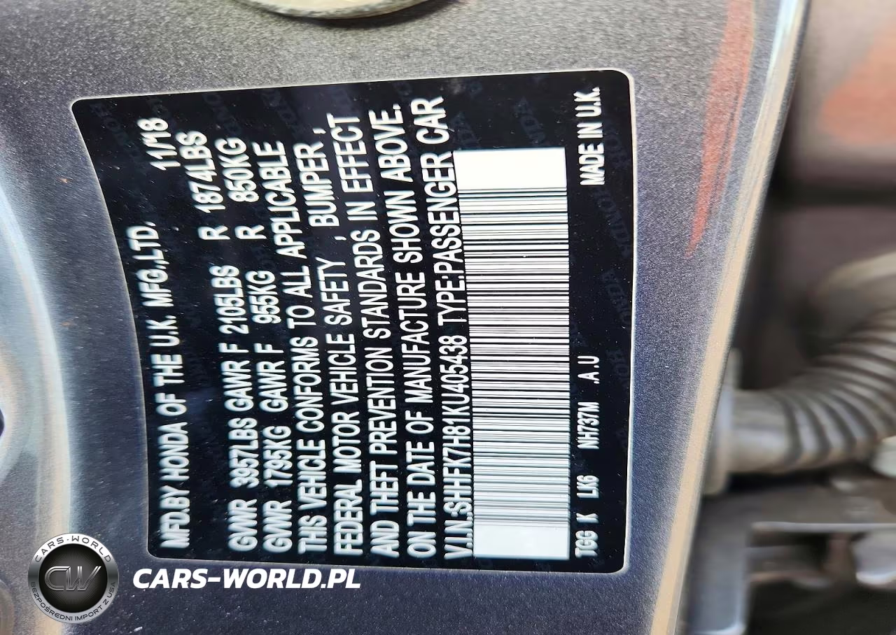 2019 Honda Civic Exl VIN:SHHFK7H81KU405438 - 12