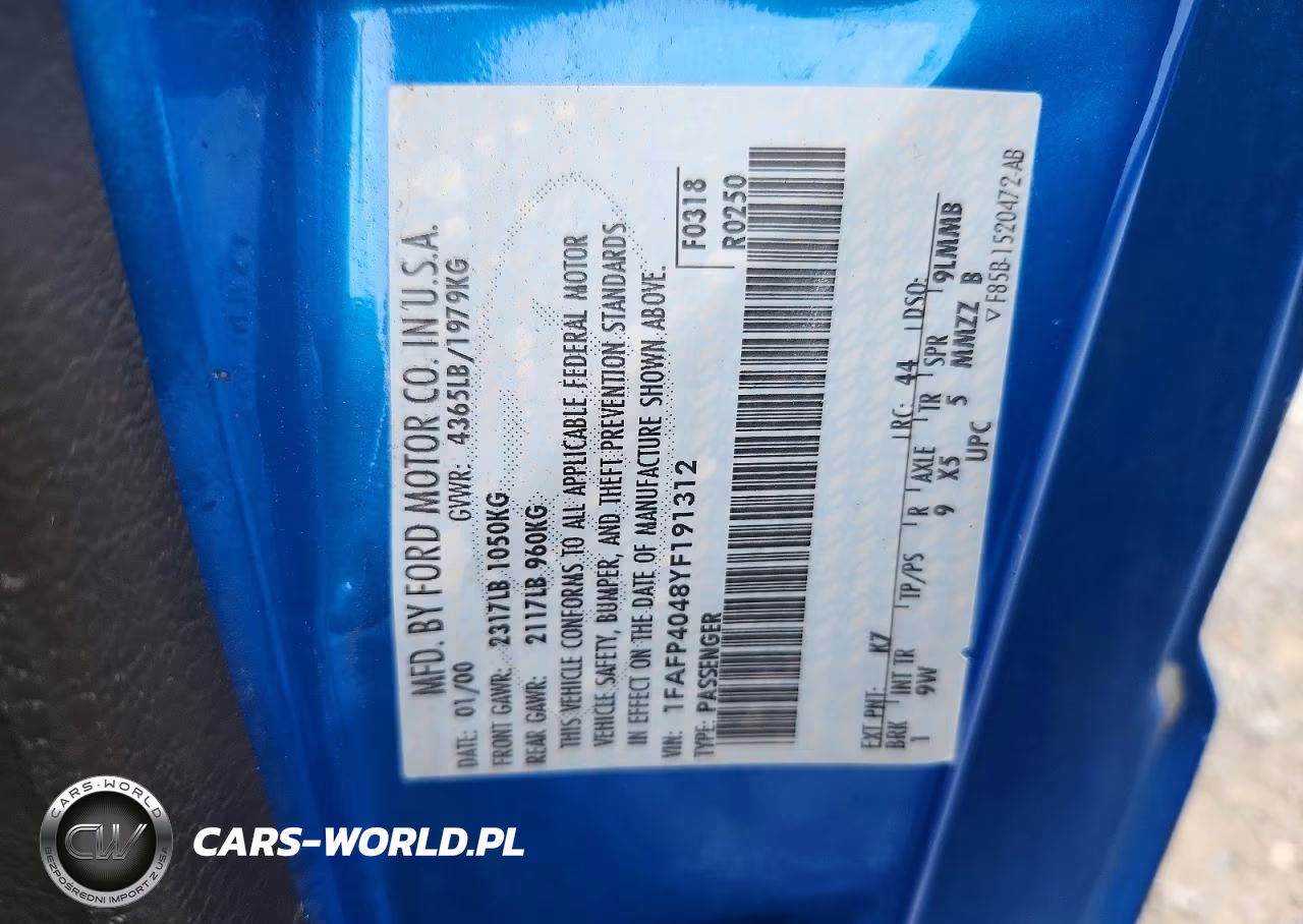 2000 Ford Mustang VIN:1FAFP4048YF191312 - 12