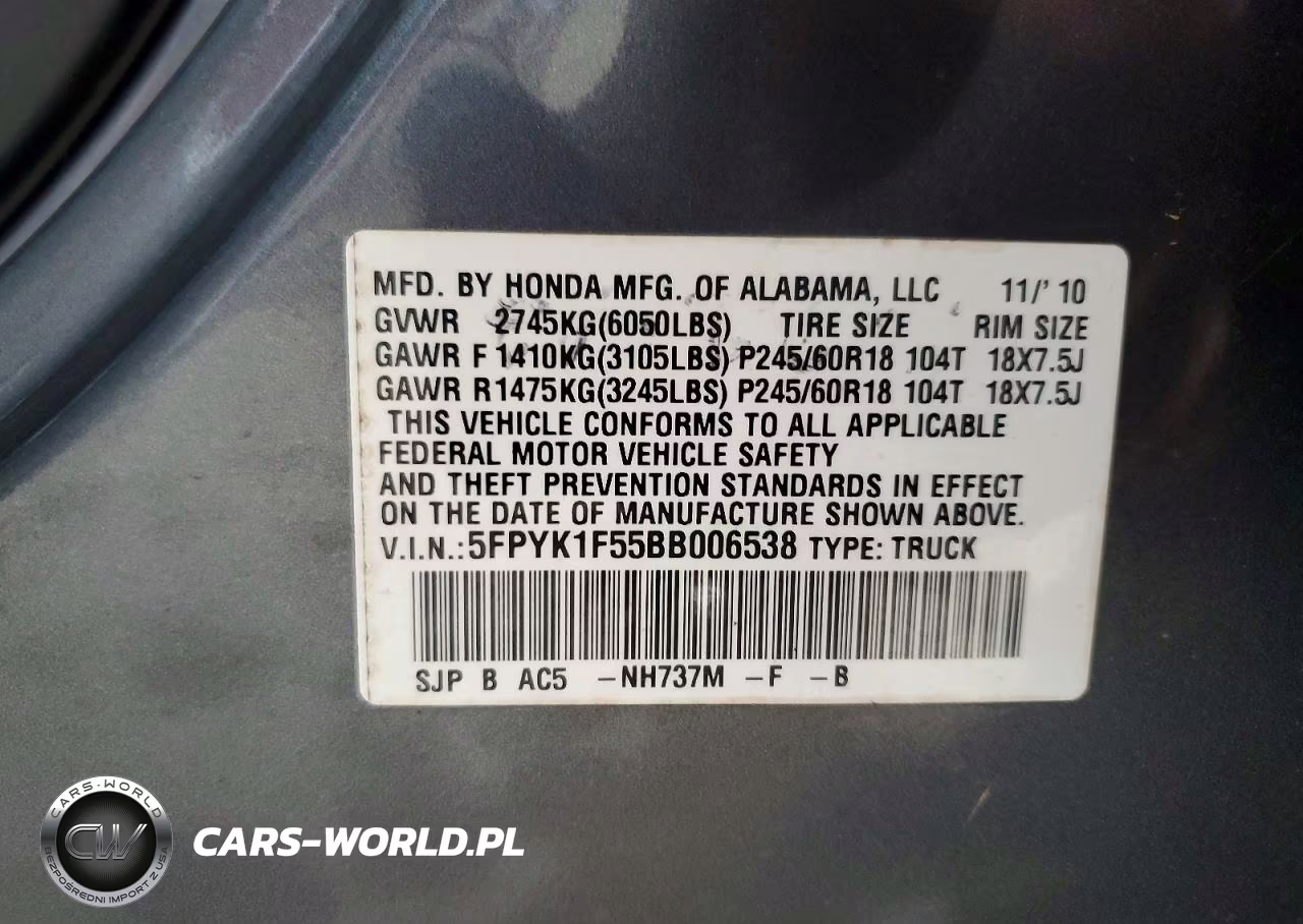 2011 Honda Ridgeline Rtl VIN:5FPYK1F55BB006538 - 12