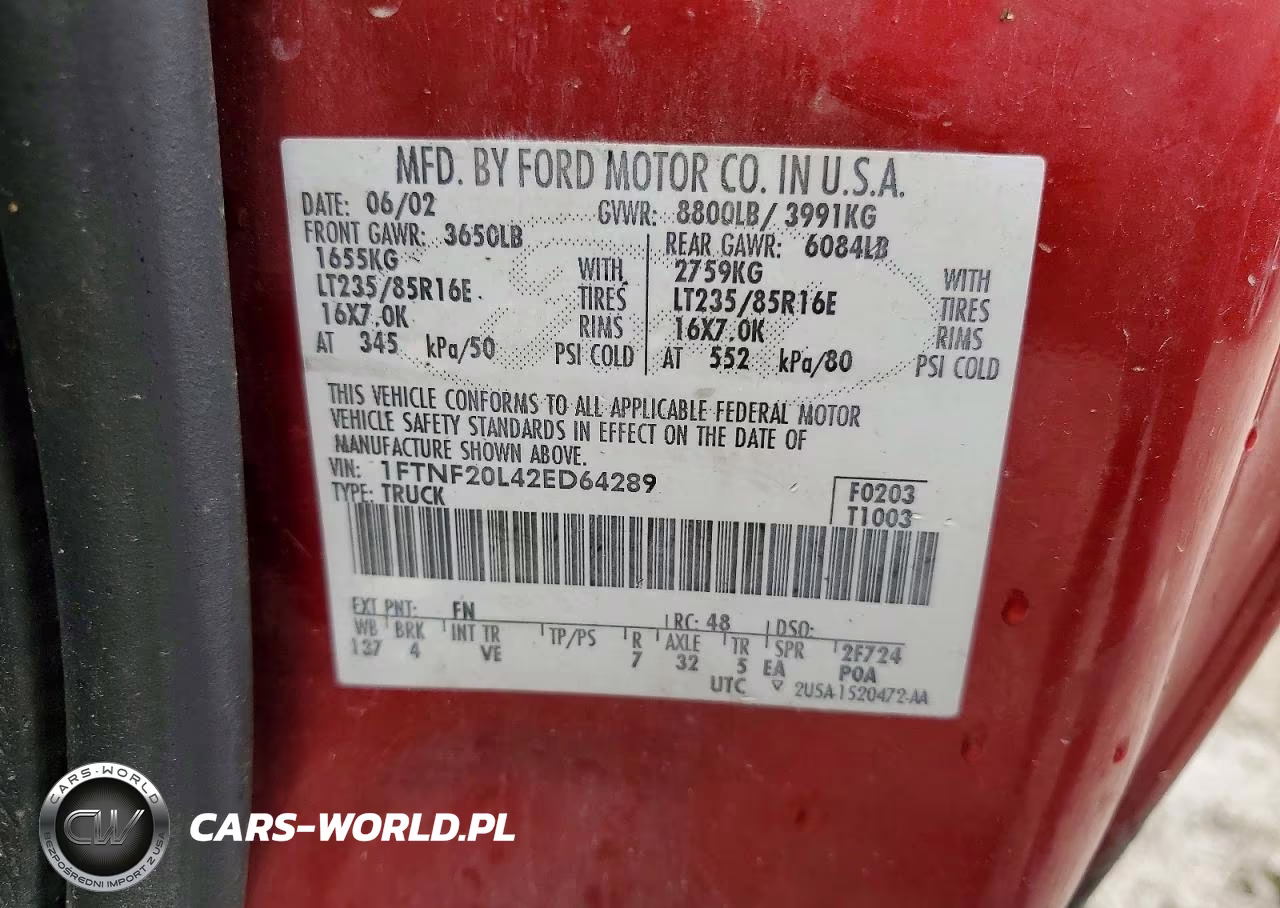 2002 Ford F250 Super Duty VIN:1FTNF20L42ED64289 - 12