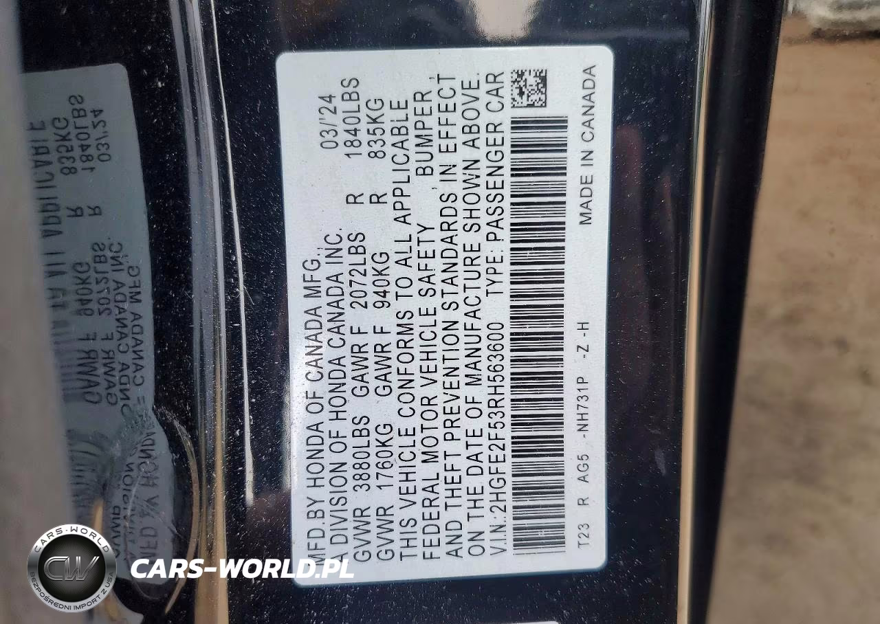 2024 Honda Civic Sport VIN:2HGFE2F53RH563600 - 12