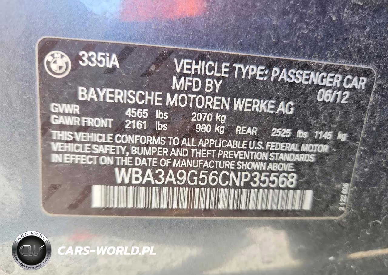 2012 BMW 335 I VIN:WBA3A9G56CNP35568 - 12