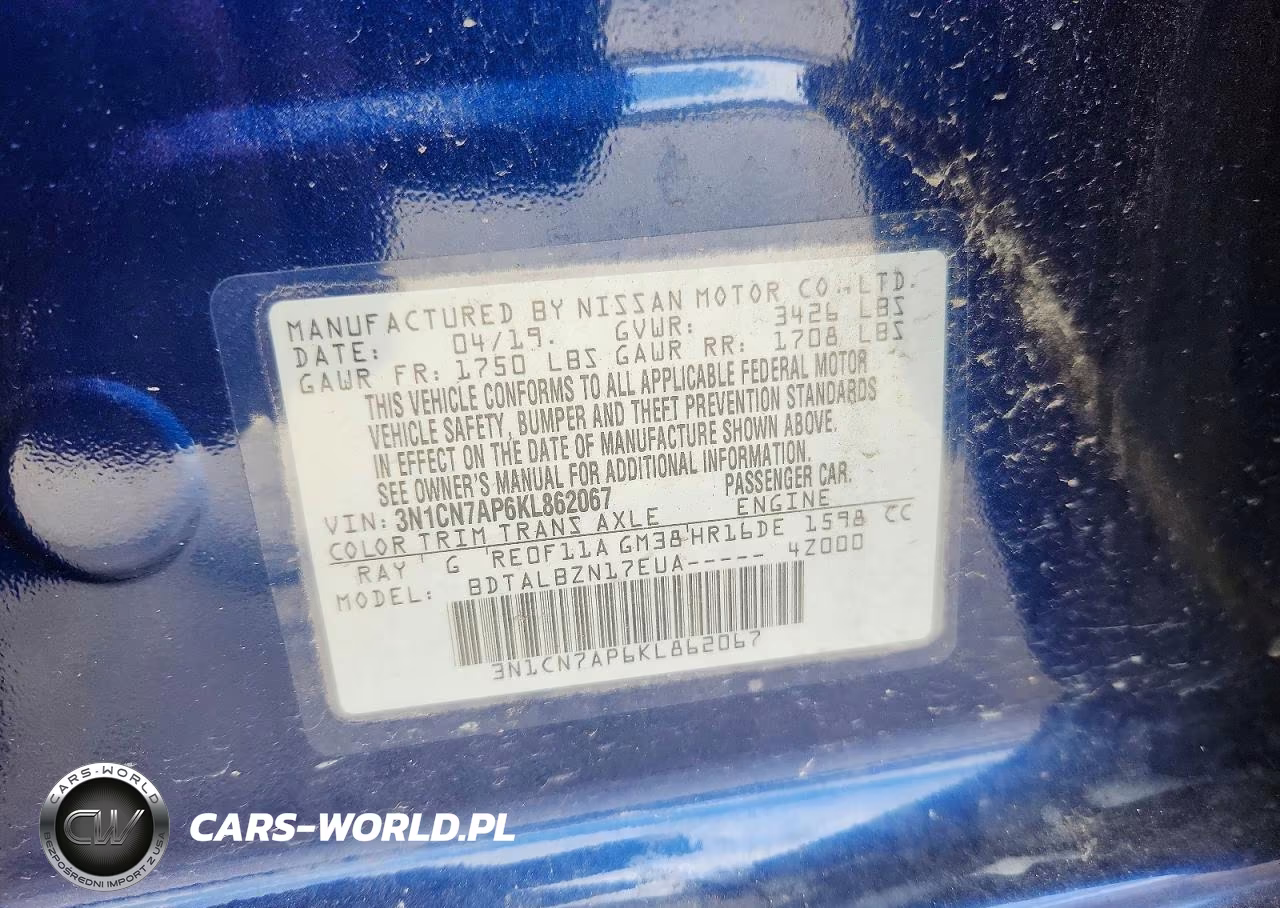 2019 Nissan Versa Sv VIN:3N1CN7AP6KL862067 - 13