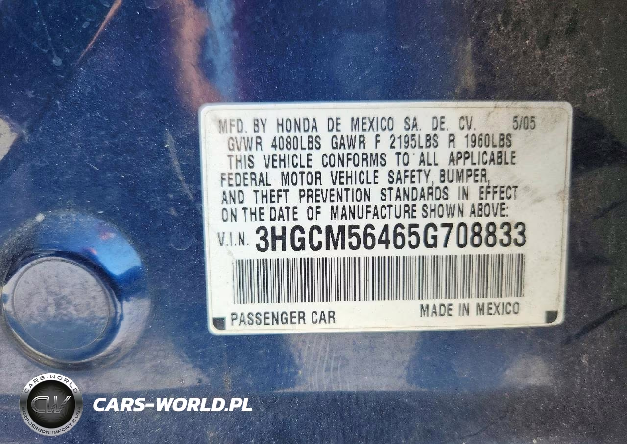 2005 Honda Accord Lx VIN:3HGCM56465G708833 - 12