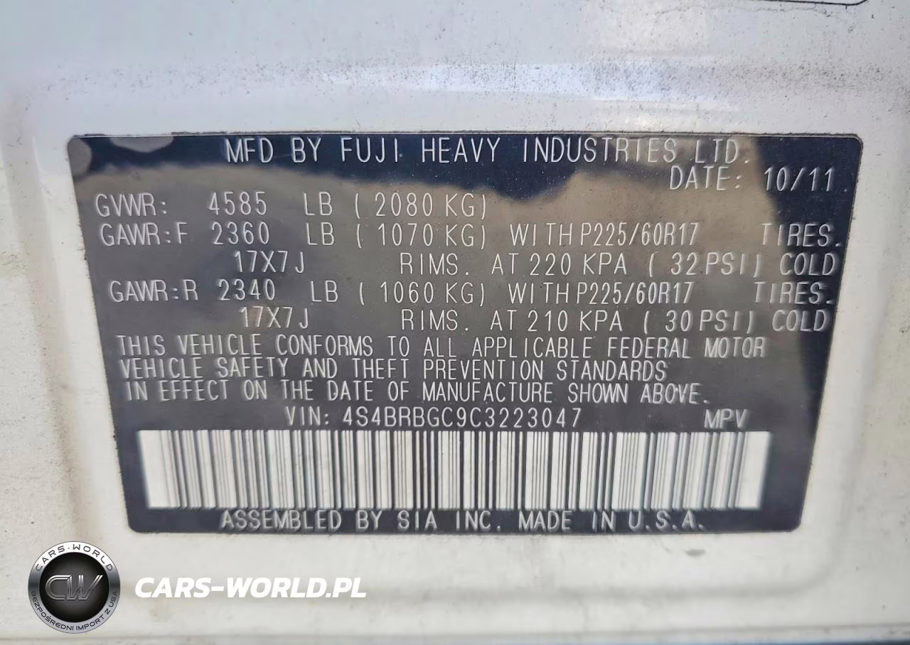 2012 Subaru Outback 2.5I Premium VIN:4S4BRBGC9C3223047 - 12