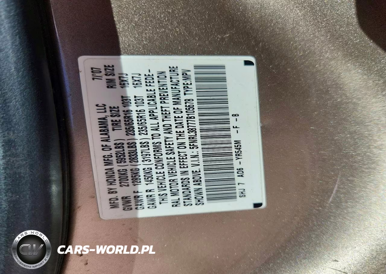 2007 Honda Odyssey Exl VIN:5FNRL38777B105678 - 14