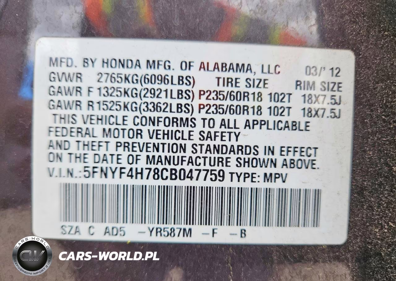 2012 Honda Pilot Exln VIN:5FNYF4H78CB047759 - 14