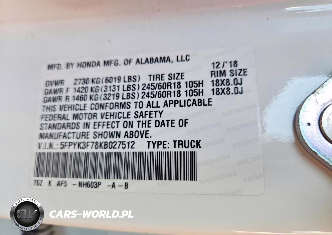2019 Honda Ridgeline Rtl VIN:5FPYK3F78KB027512 - 12