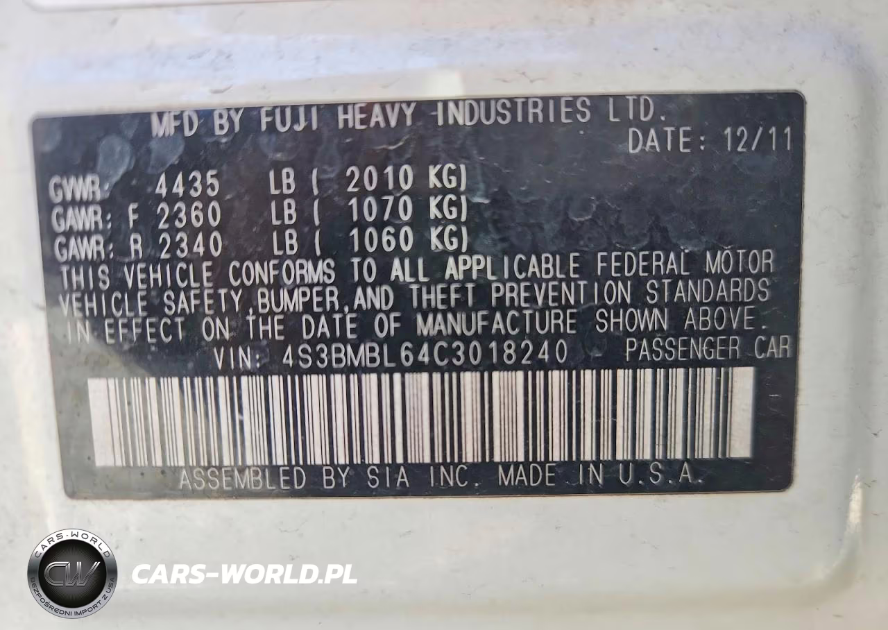 2012 Subaru Legacy 2.5I Limited VIN:4S3BMBL64C3018240 - 12