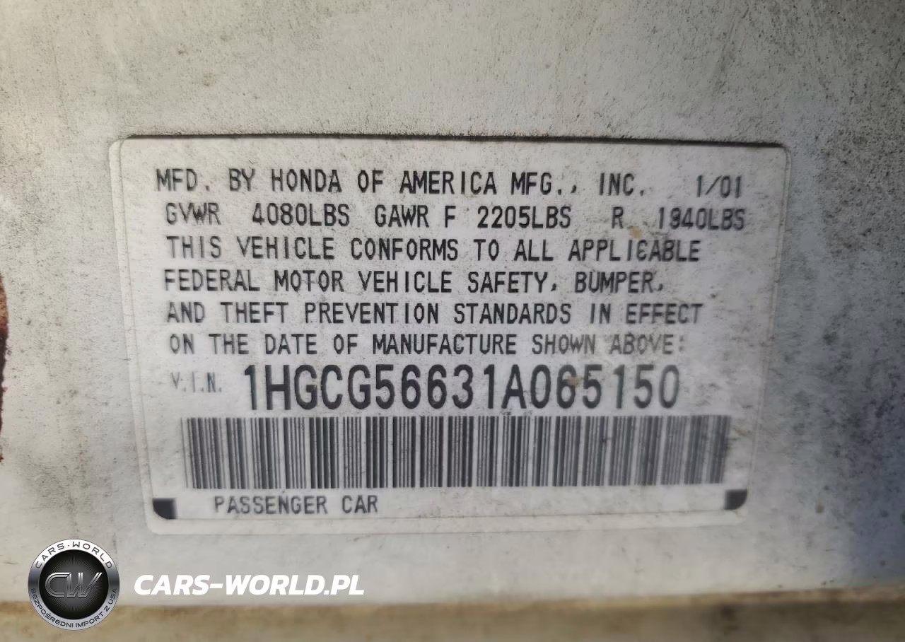 2001 Honda Accord Ex VIN:1HGCG56631A065150 - 12