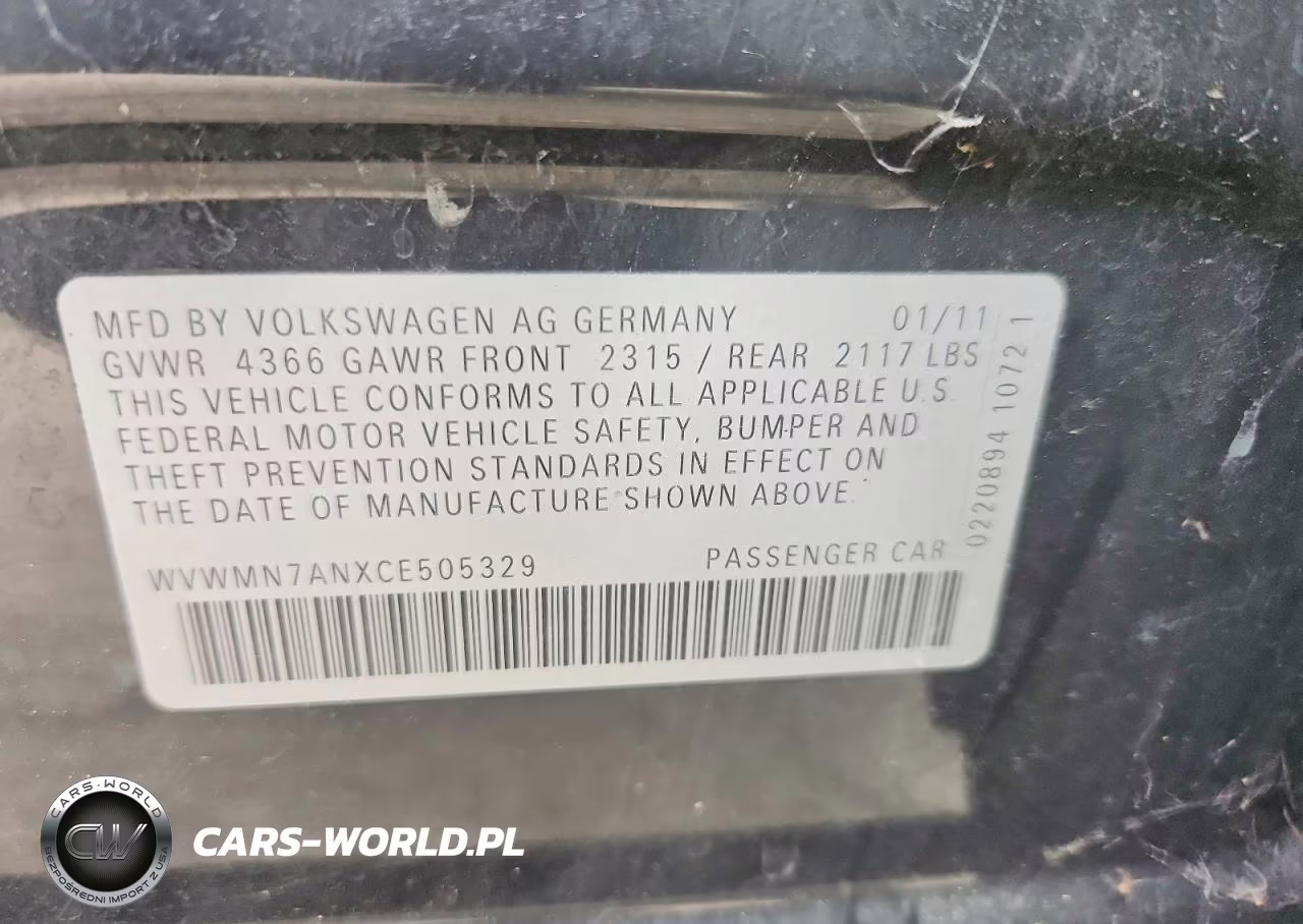 2012 Volkswagen Cc Sport VIN:WVWMN7ANXCE505329 - 12