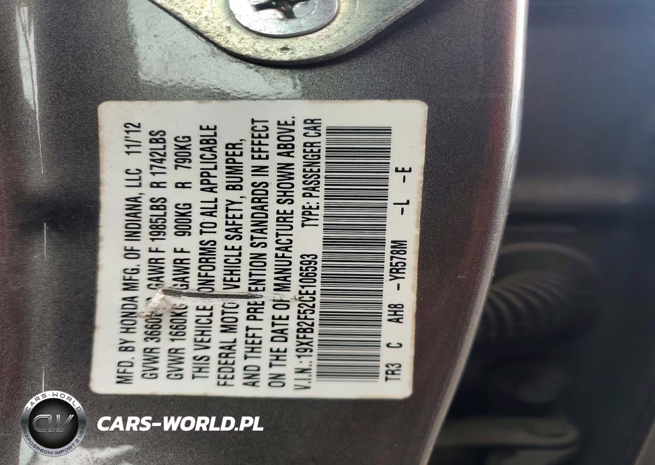 2012 Honda Civic Lx VIN:19XFB2F52CE106593 - 12