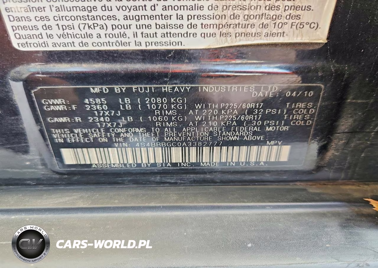 2010 Subaru Outback 2.5I Premium VIN:4S4BRBGC0A3382777 - 12