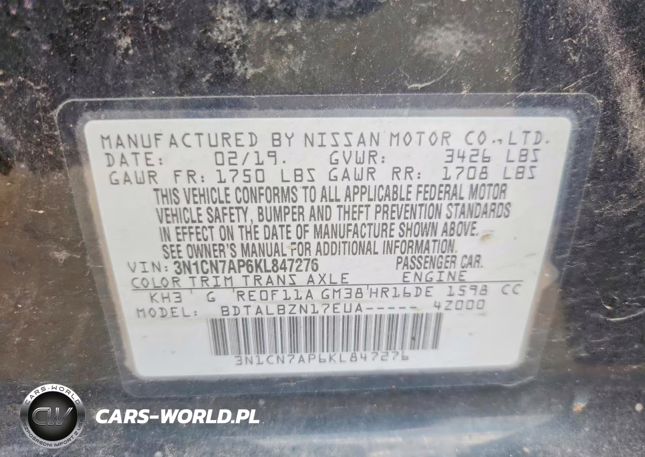 2019 Nissan Versa Sv VIN:3N1CN7AP6KL847276 - 12