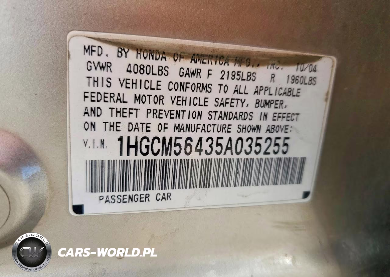 2005 Honda Accord Lx VIN:1HGCM56435A035255 - 12