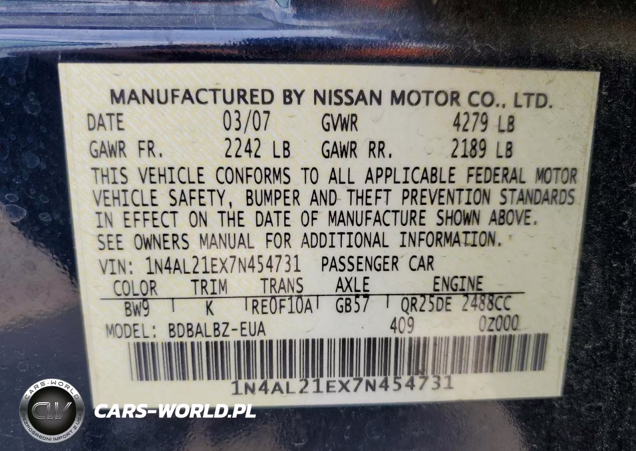 2007 Nissan Altima 2.5 VIN:1N4AL21EX7N454731 - 13