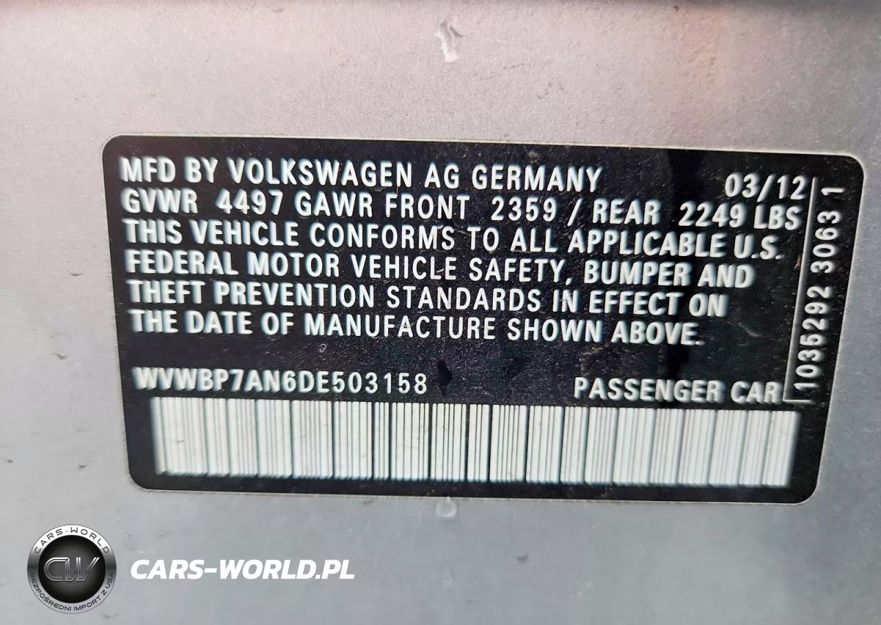 2013 Volkswagen Cc Sport VIN:WVWBP7AN6DE503158 - 12