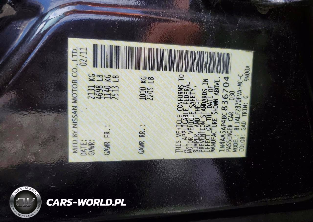 2011 Nissan Maxima 3.5 S VIN:1N4AA5AP4BC836704 - 12