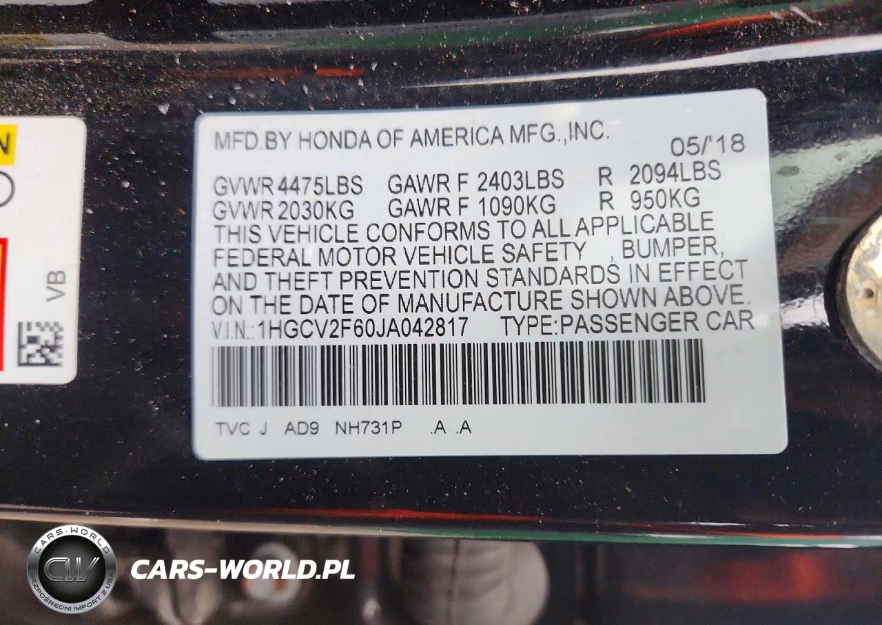2018 Honda Accord Exl VIN:1HGCV2F60JA042817 - 12