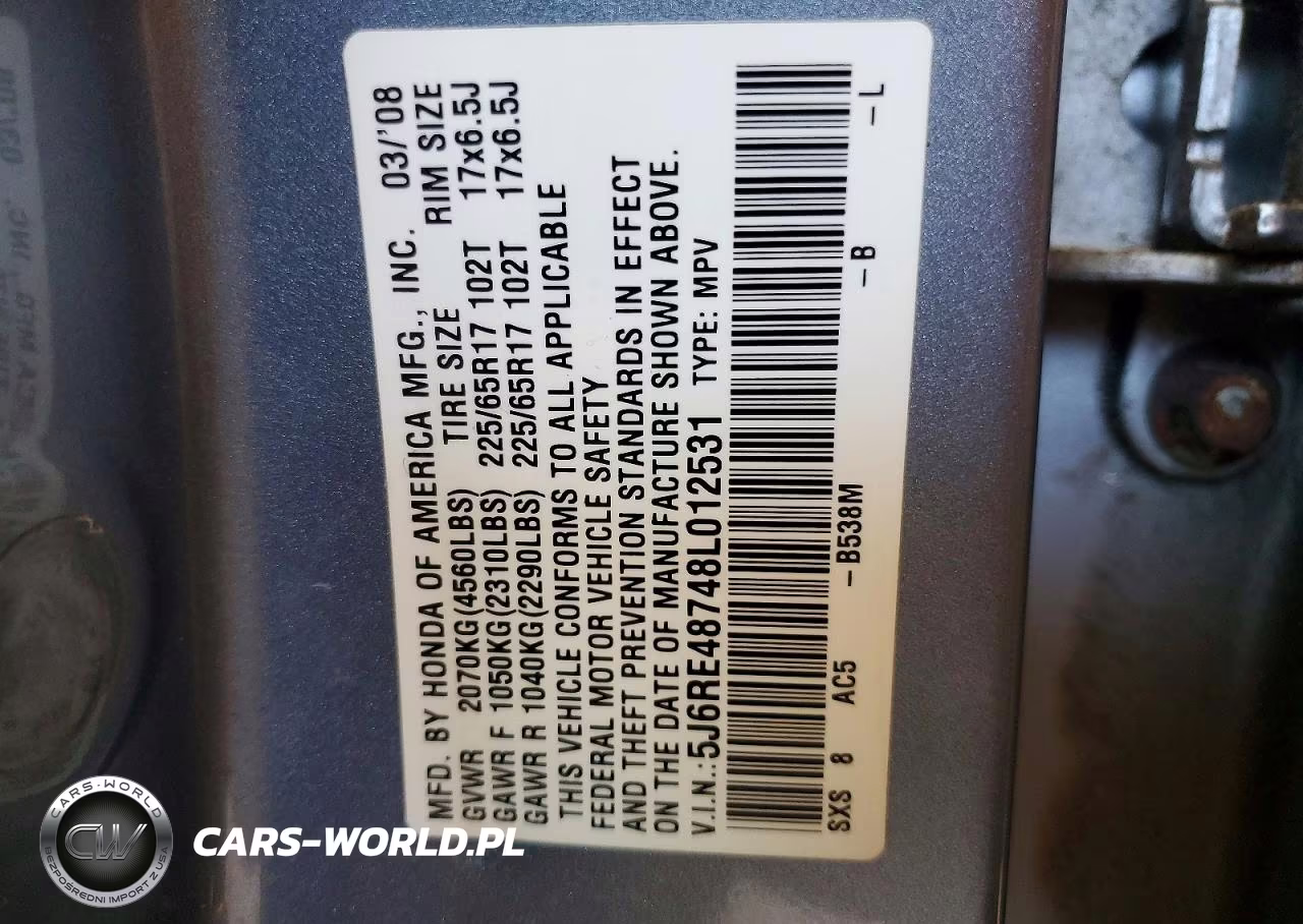 2008 Honda Cr-V Exl VIN:5J6RE48748L012531 - 13