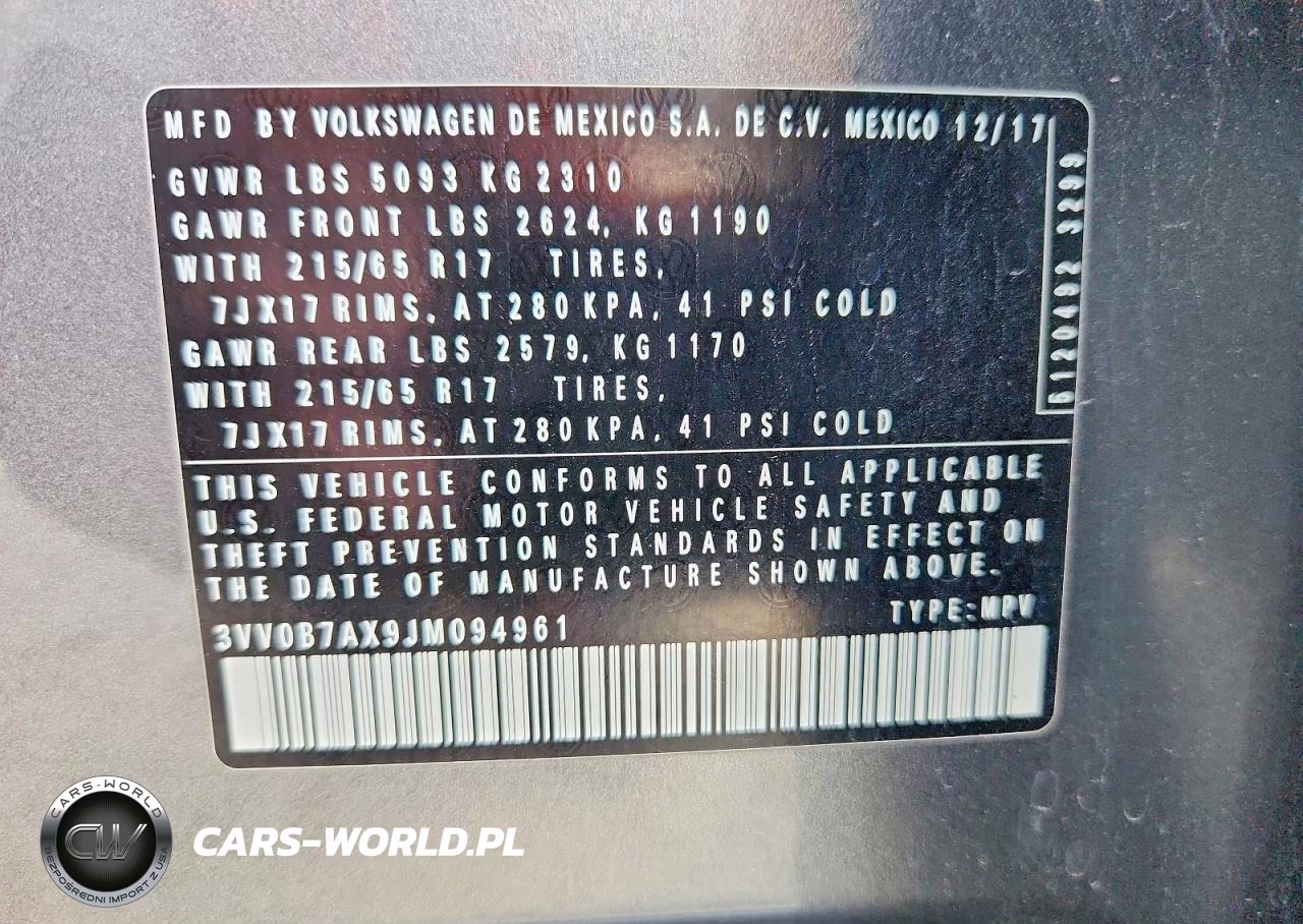 2018 Volkswagen Tiguan S VIN:3VV0B7AX9JM094961 - 13