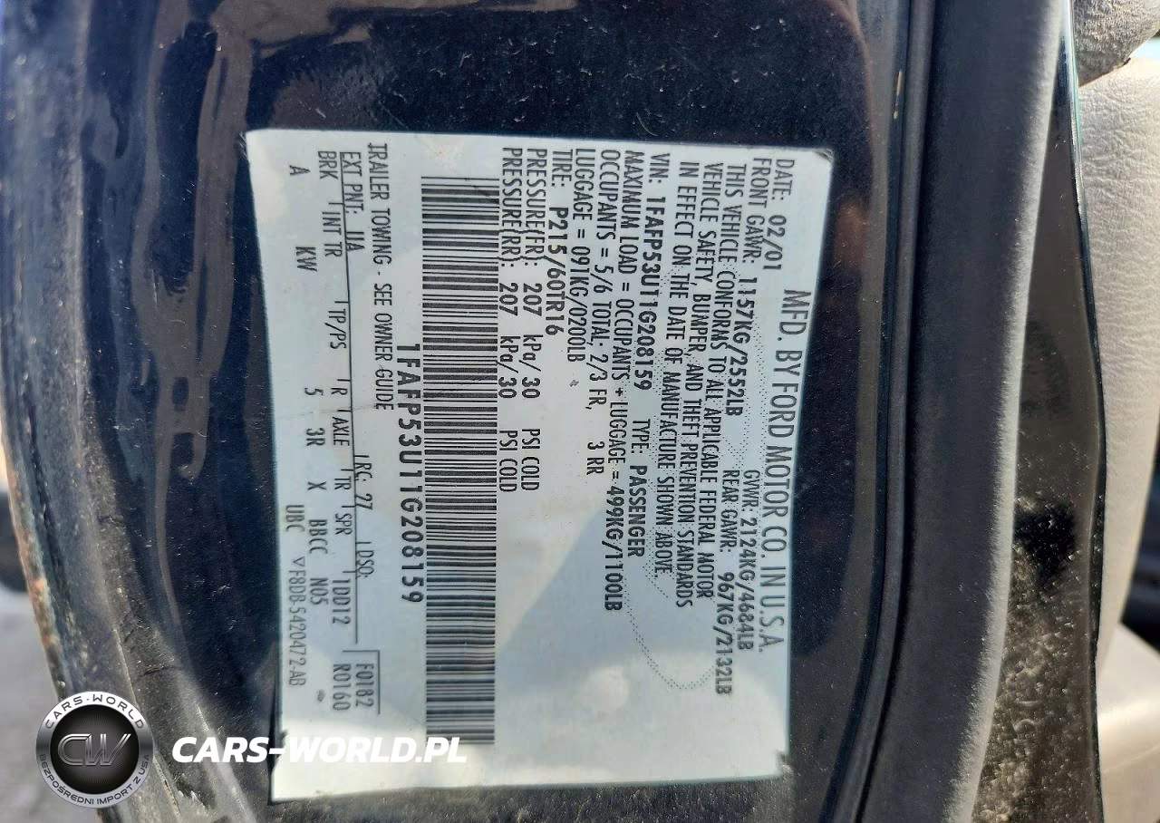 2001 Ford Taurus Se VIN:1FAFP53U11G208159 - 12