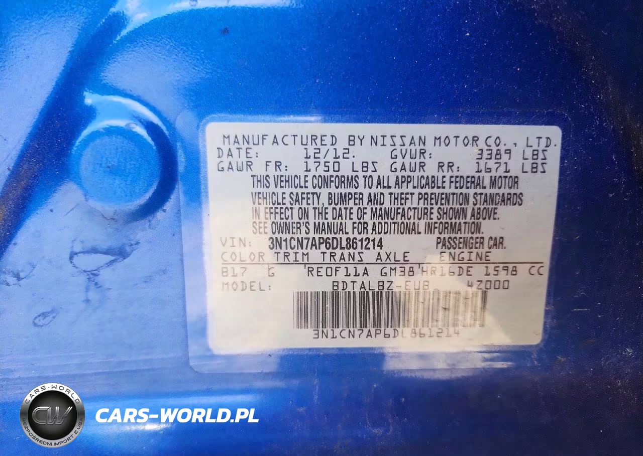 2013 Nissan Versa 1.6 S VIN:3N1CN7AP6DL861214 - 12