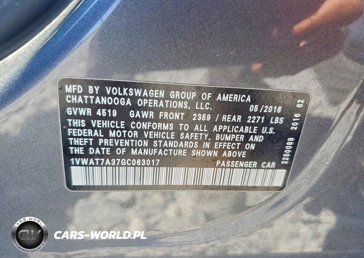 2016 Volkswagen Passat S VIN:1VWAT7A37GC063017 - 12