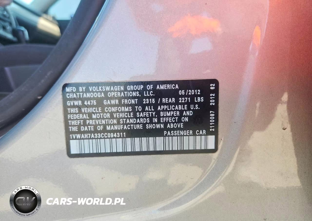 2012 Volkswagen Passat S VIN:1VWAH7A33CC094311 - 12