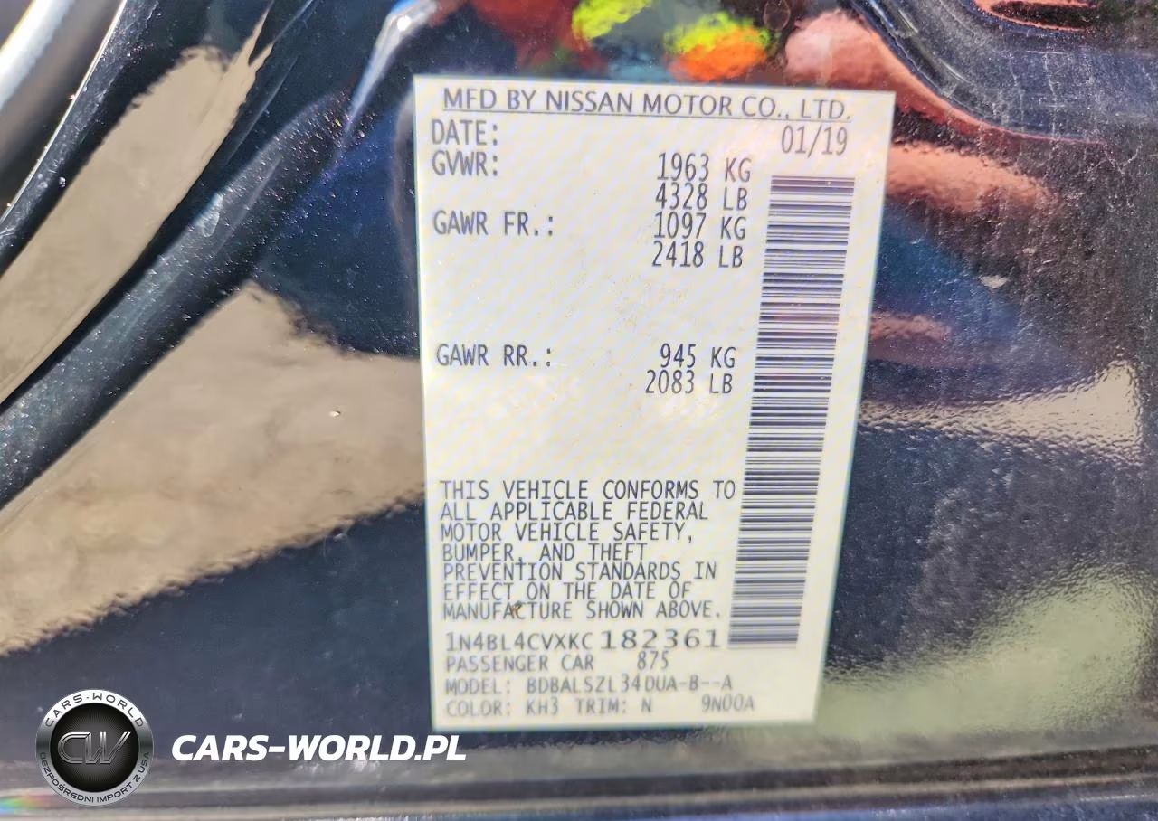 2019 Nissan Altima Sr VIN:1N4BL4CVXKC182361 - 12