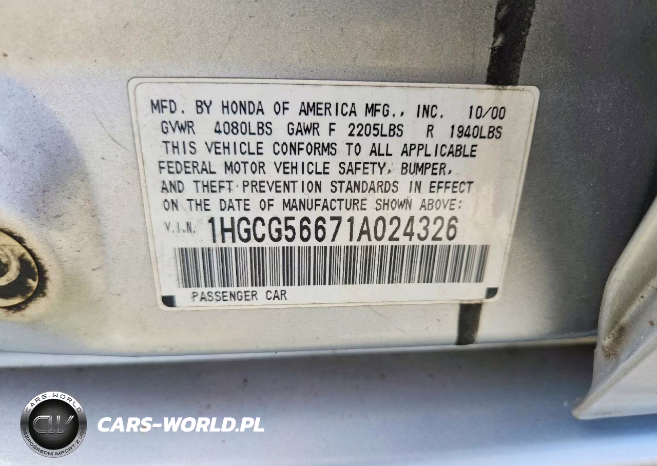 2001 Honda Accord Ex VIN:1HGCG56671A024326 - 12