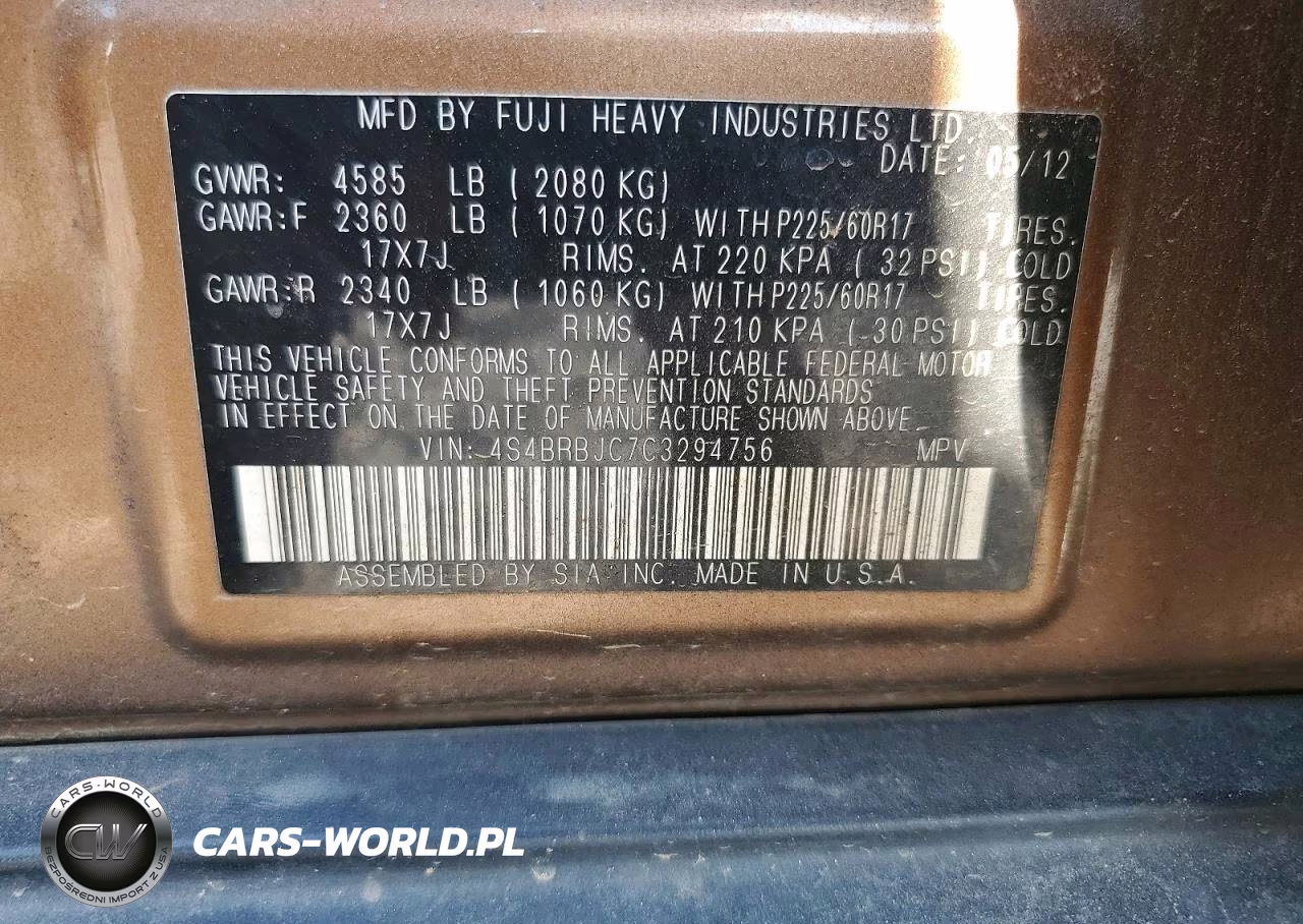 2012 Subaru Outback 2.5I Limited VIN:4S4BRBJC7C3294756 - 12