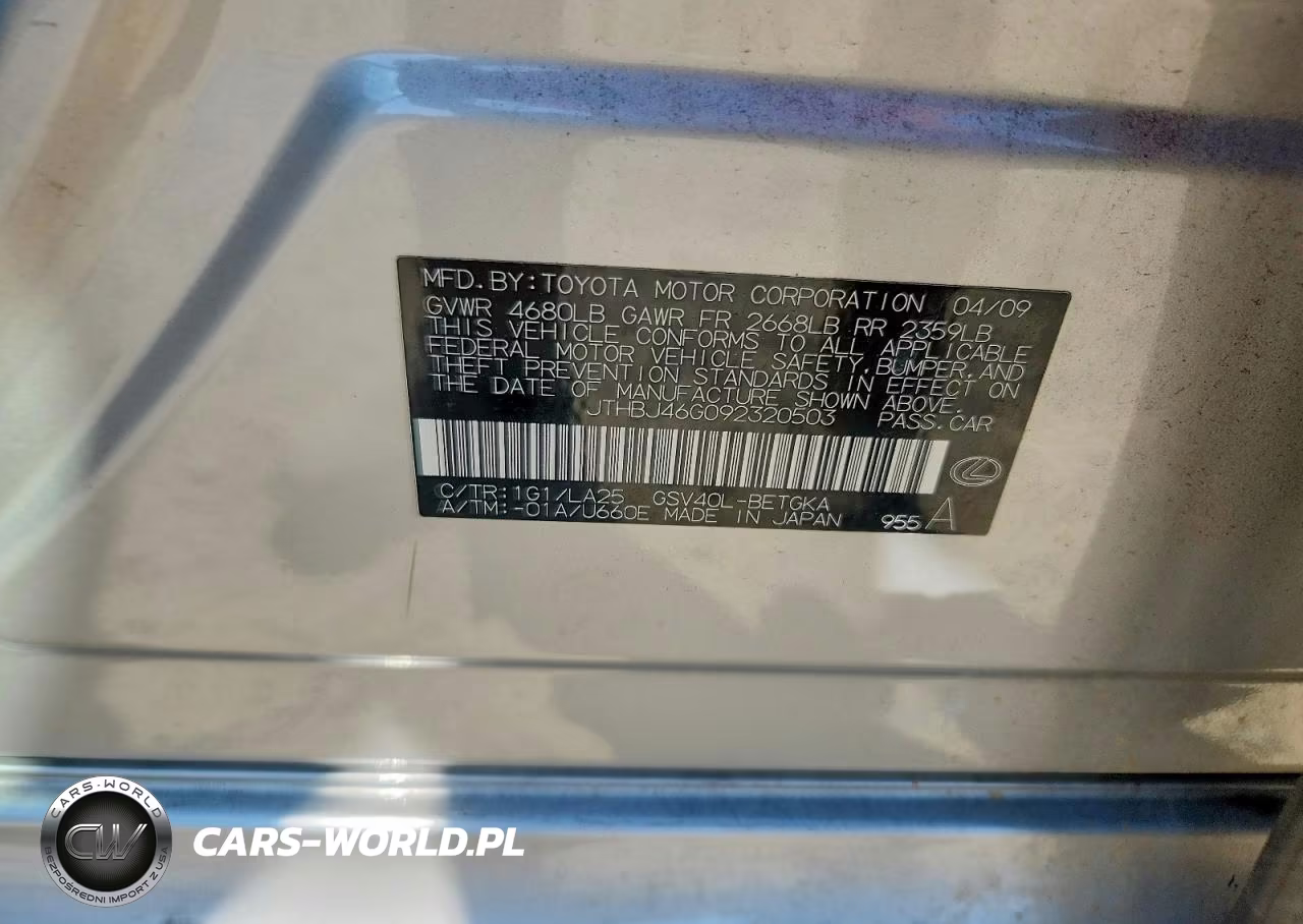 2009 Lexus Es 350 VIN:JTHBJ46G092320503 - 12