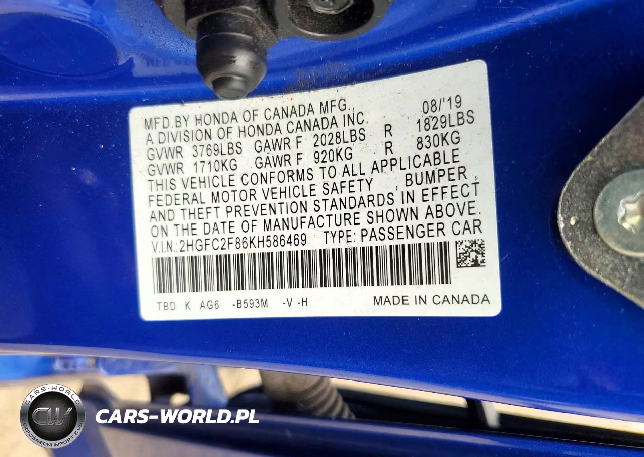 2019 Honda Civic Sport VIN:2HGFC2F86KH586469 - 13