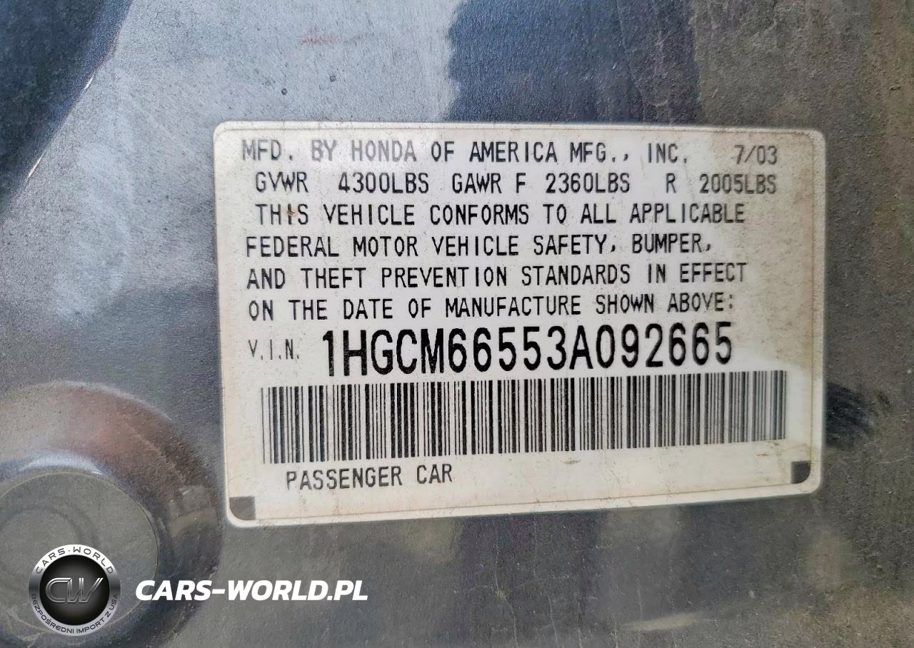 2003 Honda Accord Ex VIN:1HGCM66553A092665 - 13