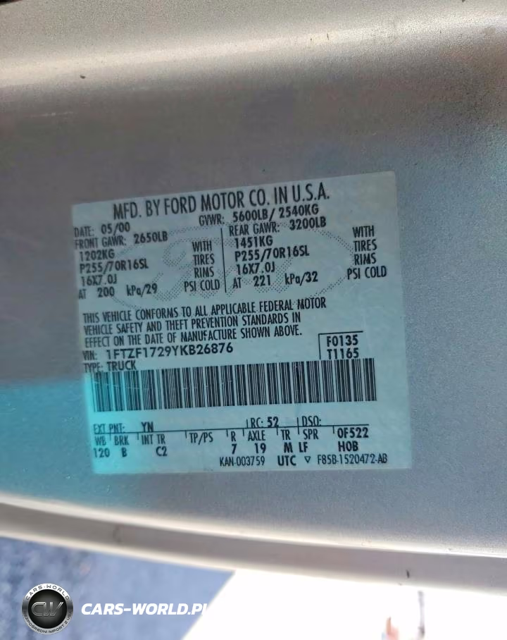 2000 Ford F150 VIN:1FTZF1729YKB26876 - 12