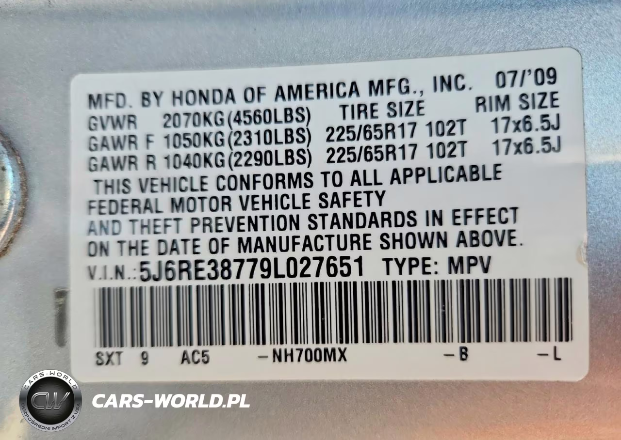 2009 Honda Cr-V Exl VIN:5J6RE38779L027651 - 14