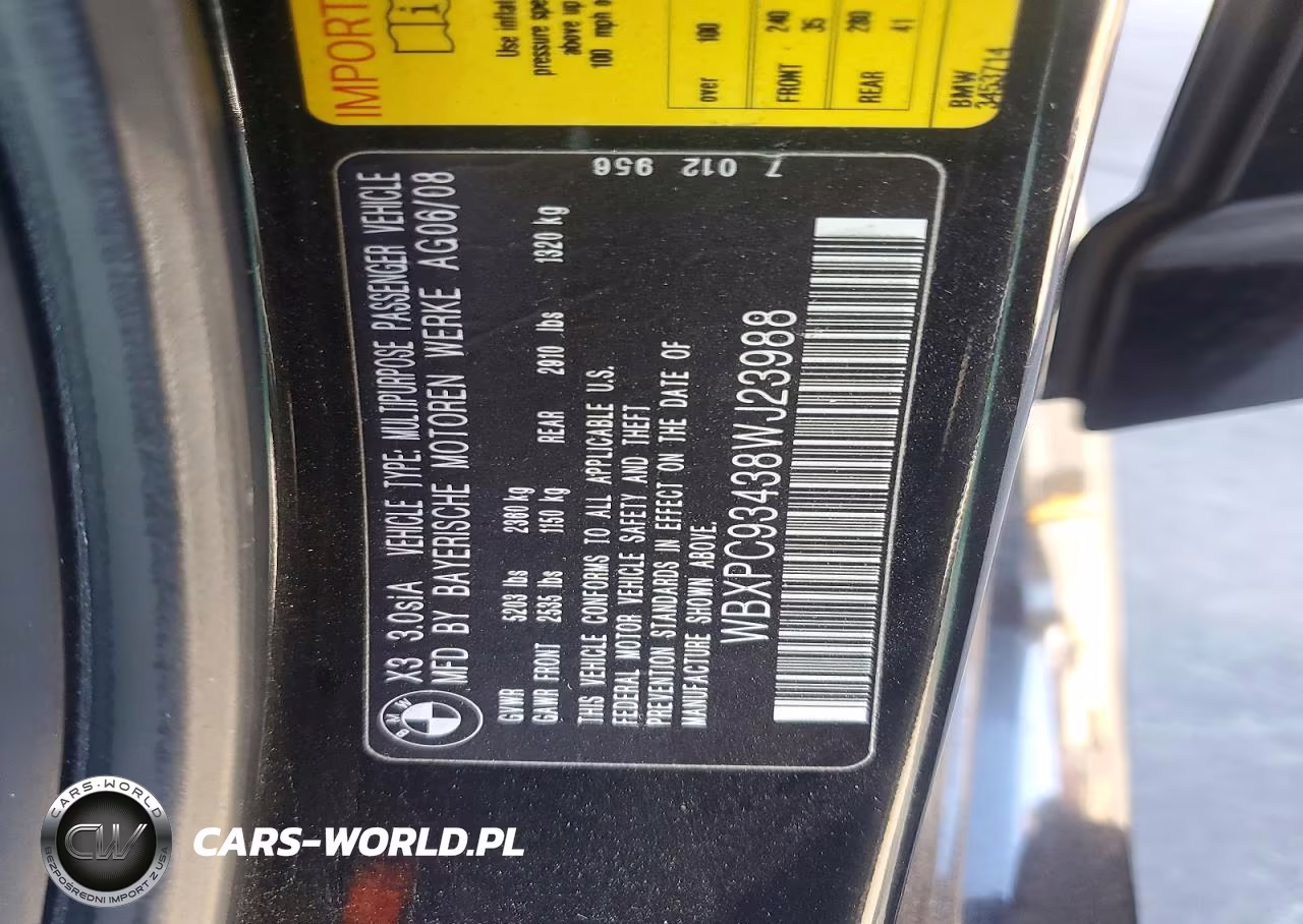 2008 BMW X3 3.0Si VIN:WBXPC93438WJ23988 - 12